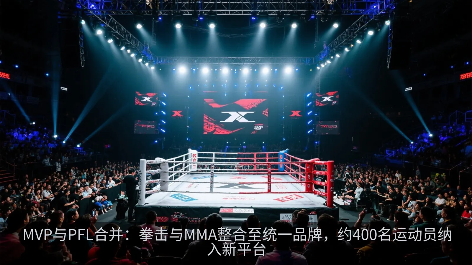 大型室内搏击赛事现场,观众席与灯光环绕擂台